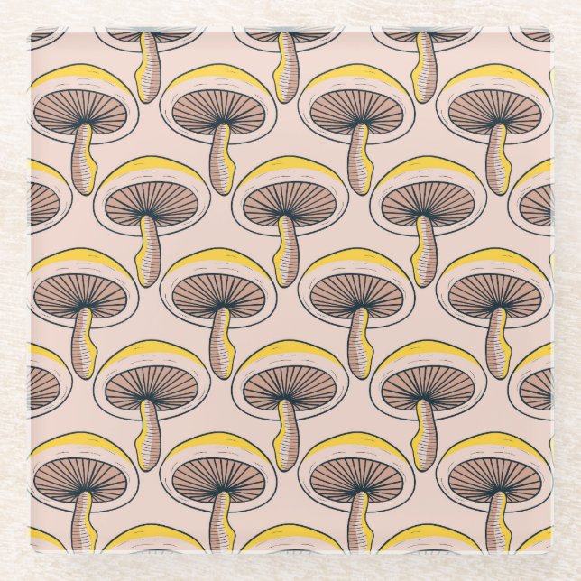 Mushroom Garden: Vintage Nature Pattern Glass Coaster (Front)