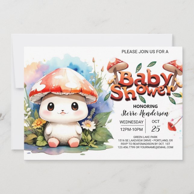 Mushroom Garden Watercolor Baby Shower Invitation (Front)