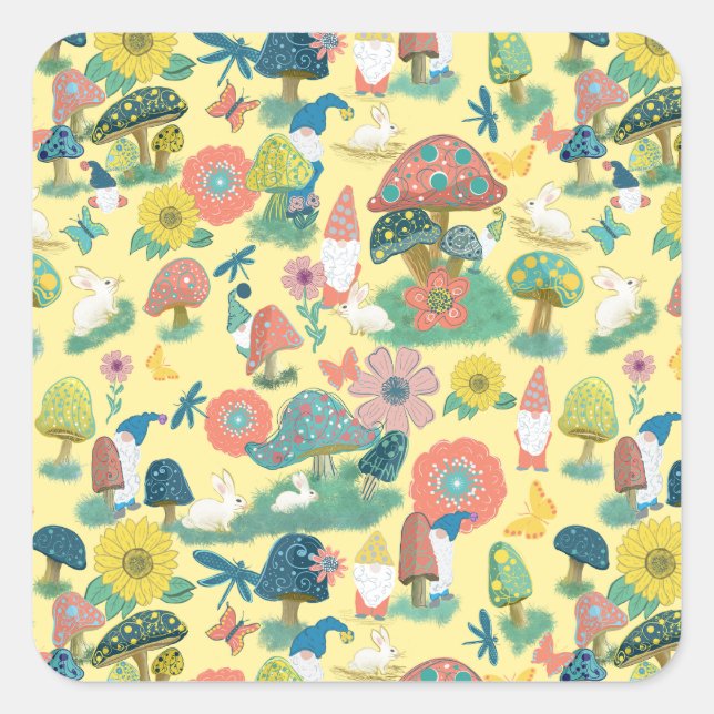Mushroom, gnomes, bunnies garden party square sticker (Front)