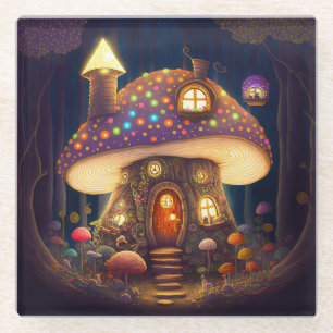 Mushroom House Fantasy Art Glass Coaster