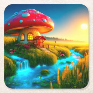 Mushroom House Square Paper Coaster