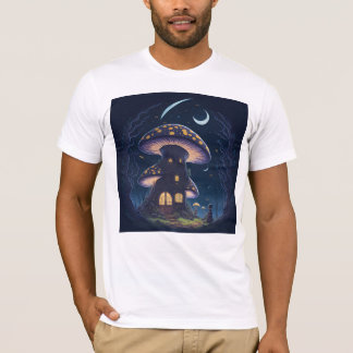 Mushroom House Under a Crescent Moon T-Shirt