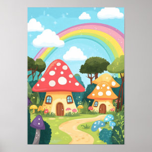 Mushroom houses and rainbow 15 poster