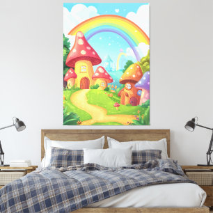 Mushroom houses and rainbow canvas print