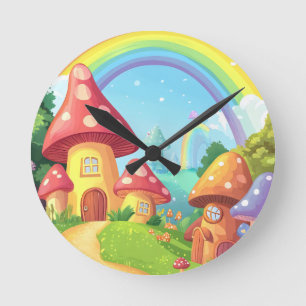 Mushroom houses and rainbow round clock