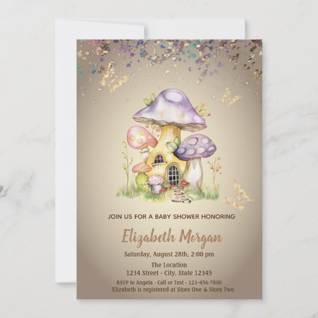 Mushroom Houses Gold Butterfly Baby Shower  Invitation (Front)