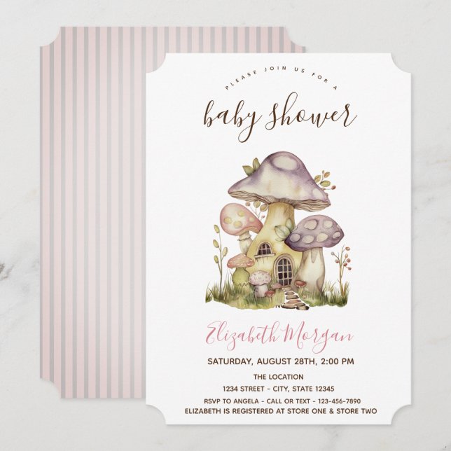 Mushroom Houses Pink Stripes Baby Shower   Invitation (Front/Back)