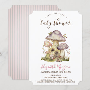 Mushroom Houses Pink Stripes Baby Shower Invitation