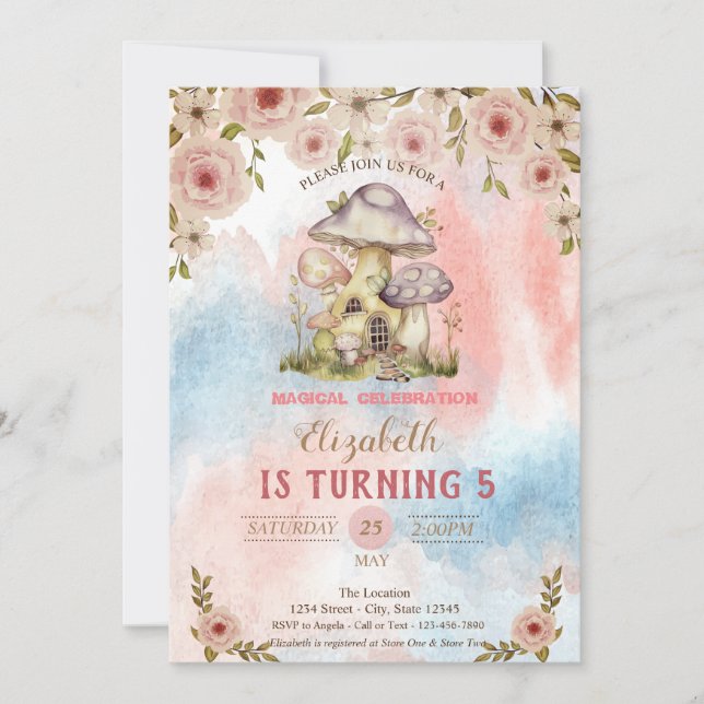 Mushroom Houses Watercolor Flowers Splash Birthday Invitation (Front)
