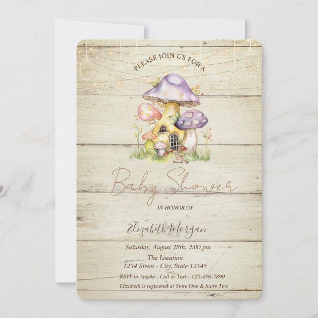 Mushroom Houses Wood Texture Baby Shower Invitation (Front)