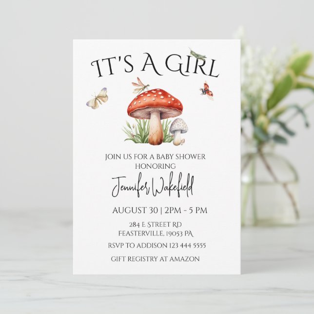 Mushroom Insects Woodland Forest Baby Shower Girl Invitation (Standing Front)