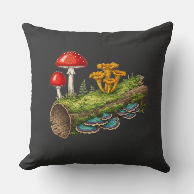  Mushroom Log Fantasy Fungi Illustration Cushion (Front)