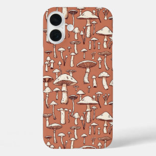 Mushroom Print on Terracotta Brown iPhone 16 Plus Case