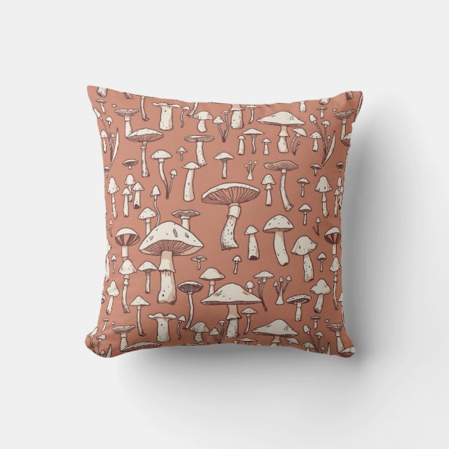 Mushroom Print on Terracotta Brown Cushion (Front)