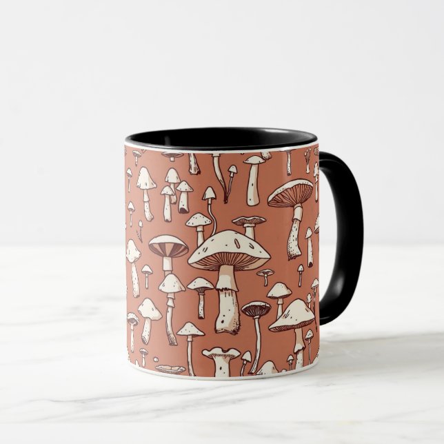 Mushroom Print on Terracotta Brown Mug (Front Right)