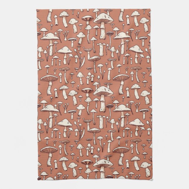 Mushroom Print on Terracotta Brown Tea Towel (Vertical)