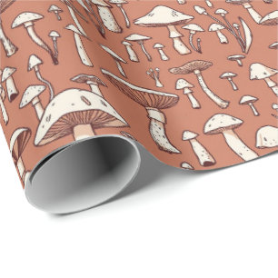 Mushroom Print on Terracotta Brown Wrapping Paper