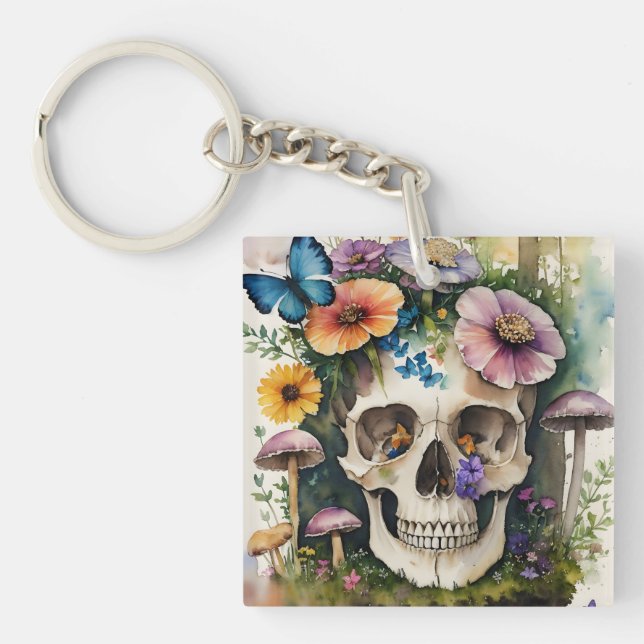 Mushroom Skull Floral Watercolor Art Key Ring (Front)