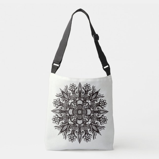 Mushroom tattoo black white psychedelic mandala crossbody bag (Front)