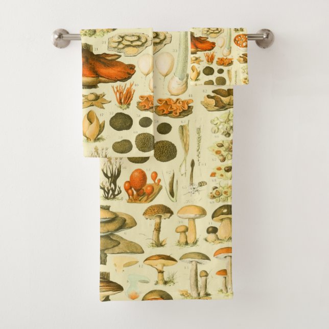 Mushroom Vintage Toadstool Antique Illustration Bath Towel Set (Insitu)