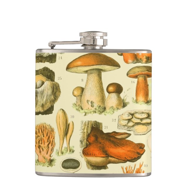 Mushroom Vintage Toadstool Antique Illustration Hip Flask (Front)