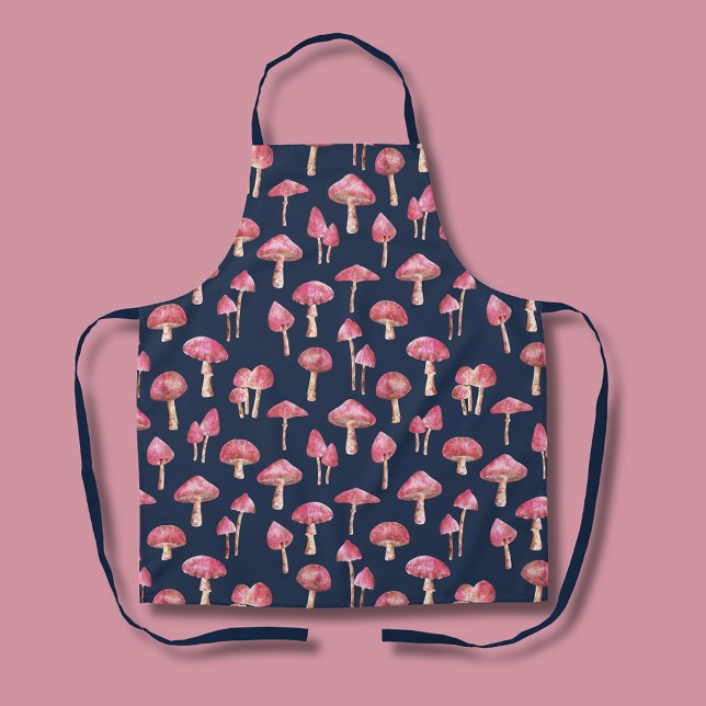 Mushroom Watercolor Pattern Apron (Pink mushroom patterned navy blue kitchen apron.)