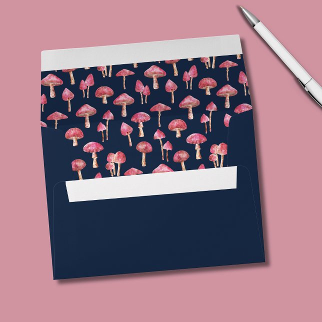 Mushroom Watercolor Pattern Envelope (Pink mushroom pattern lined navy blue envelope)