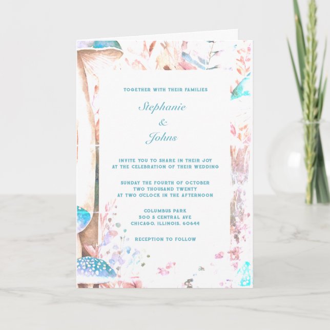 Mushroom Woodland Abstract Blue White Boho Wedding Invitation (Front)