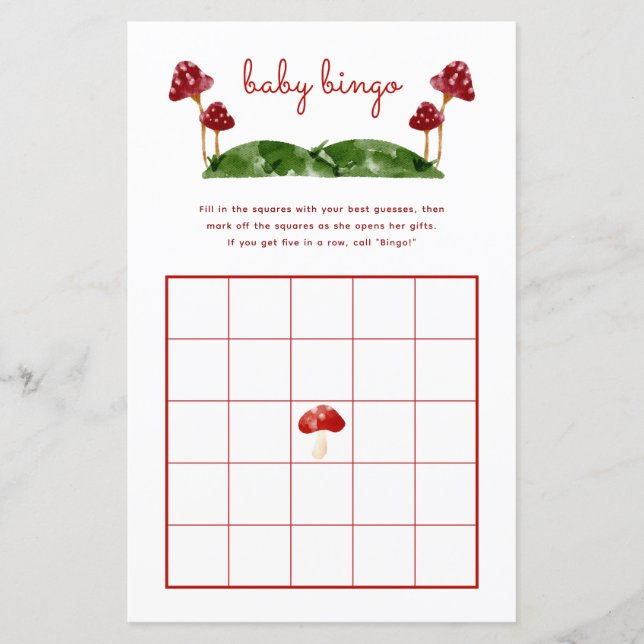 Mushroom Woodland Baby Shower Bingo Game (Front)