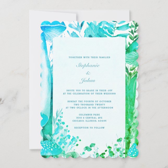 Mushroom Woodland Blue Green Abstract Boho Wedding Invitation (Front)