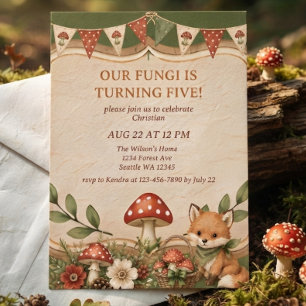 Mushroom Woodland Fox Boys Fifth Birthday Invitation
