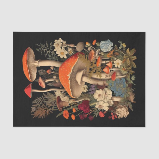 Mushrooms Among Pretty Flowers Illustration Tissue Paper (Front)