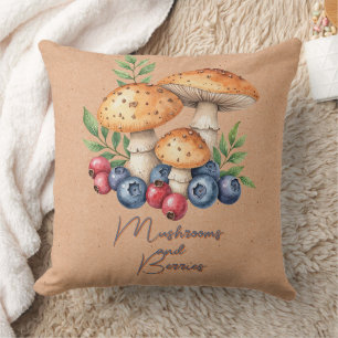 Mushrooms and Berries on Brown Throw Pillow