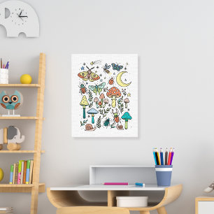 Mushrooms and Bugs Night Forest Kids Room Canvas Print