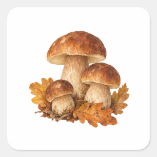 Mushrooms and Fallen Oak Leaves Square Sticker