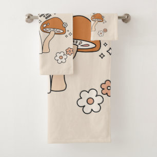 Mushrooms And Flowers Earth Tones Beige Retro 70s Bath Towel Set