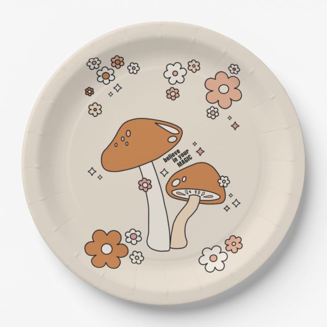 Mushrooms And Flowers Earth Tones Beige Retro 70s Paper Plate (Front)