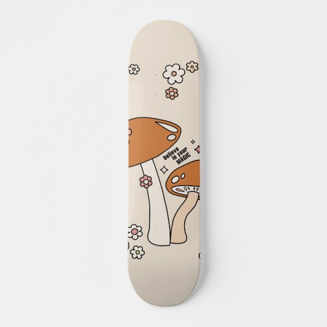 Mushrooms And Flowers Earth Tones Beige Retro 70s Skateboard (Front)