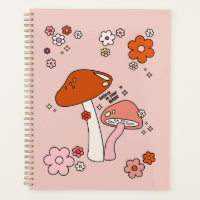 Mushrooms And Flowers Peach Art Retro 70s