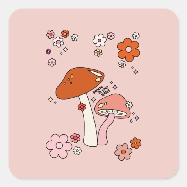 Mushrooms And Flowers Peach Art Retro 70s Square Sticker (Front)