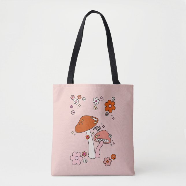 Mushrooms And Flowers Peach Art Retro 70s Tote Bag (Front)