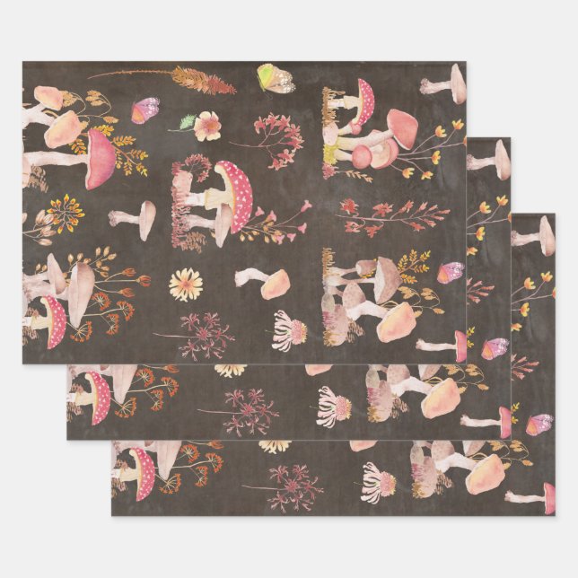 Mushrooms and wild flowers  wrapping paper sheet (Set)