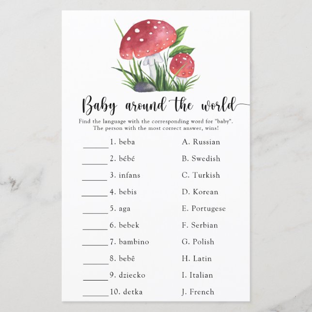 Mushrooms Baby around the world game (Front)