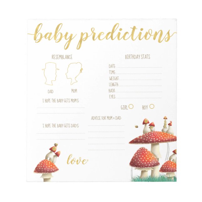 Mushrooms & bees baby predictions guessing game notepad (Front)