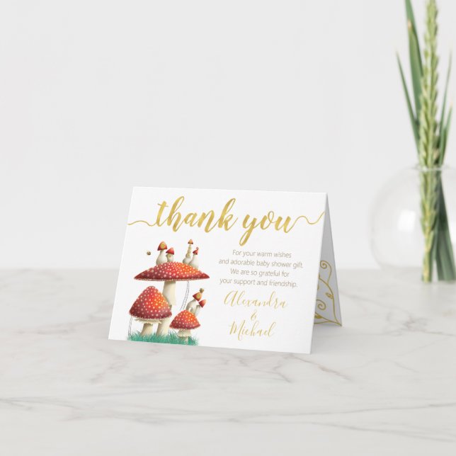 Mushrooms & bees, gold foil, baby shower thank you card (Front)