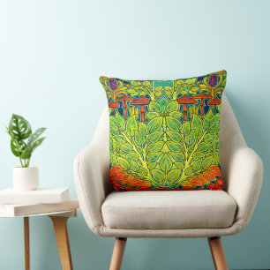 Mushrooms Bird Retro Art Nouveau Pattern by Voysey Cushion