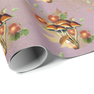 Mushrooms Brown Woodland Antique Purple Gold Wrapping Paper