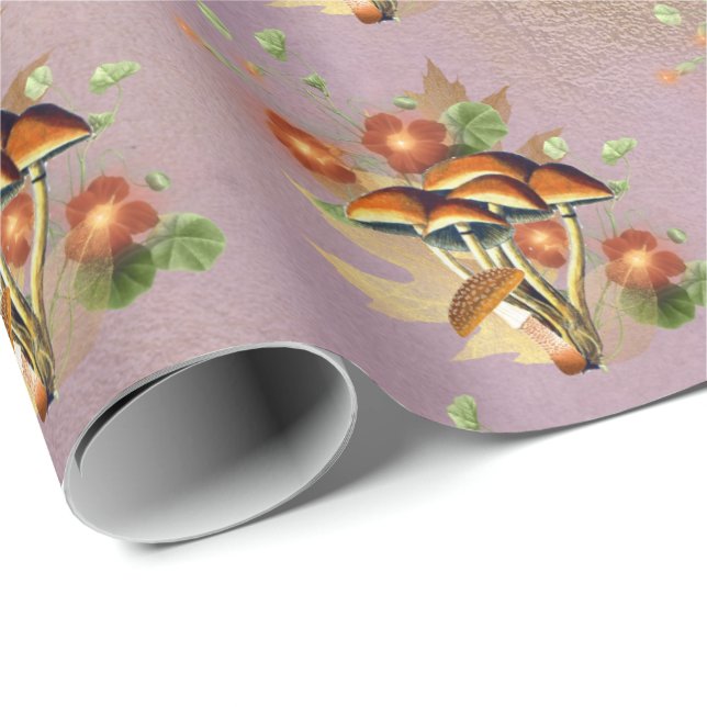 Mushrooms Brown Woodland Antique Purple Gold Wrapping Paper (Roll Corner)