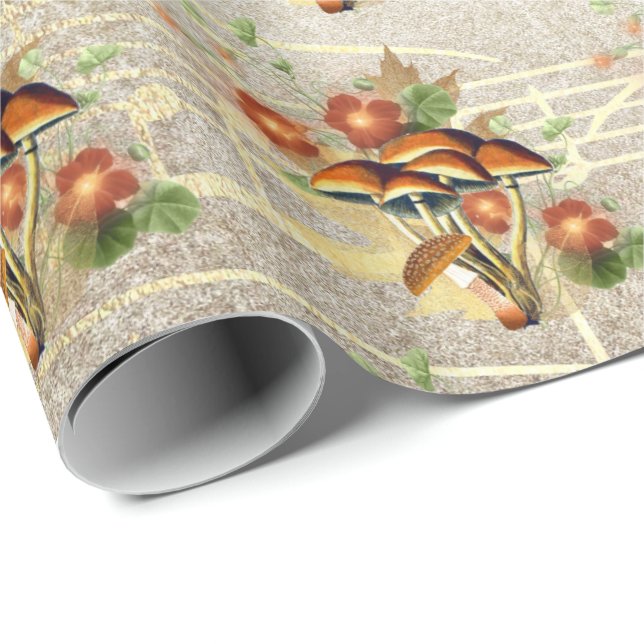 Mushrooms Brown Woodland Antique Song Gold Notes Wrapping Paper (Roll Corner)