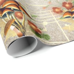 Mushrooms Brown Woodland Vintage Song Gold Notes Wrapping Paper